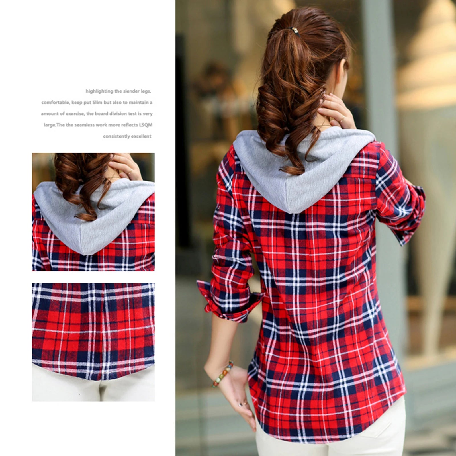 Women Shirt Fashion Loose Long Sleeve Cardigan Coat Classic Plaid Hood Button-up Cotton Shirt Coat Women's Clothing