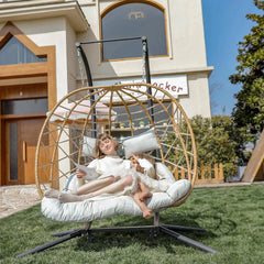 Double Egg Swing Chair with Stand, 1/2 Person Wicker Hanging Chair with Stand