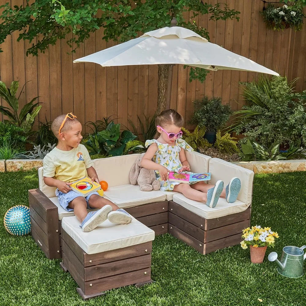 Wooden Outdoor Sectional Ottoman & Umbrella Set with Cushions Patio Furniture for Kids or Pets Bear Brown & Beige