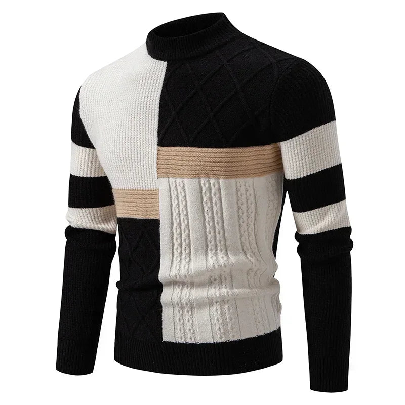 2024 High Quality Men's New Autumn and Winter Casual Warm Color Block Sweater Knit Tops