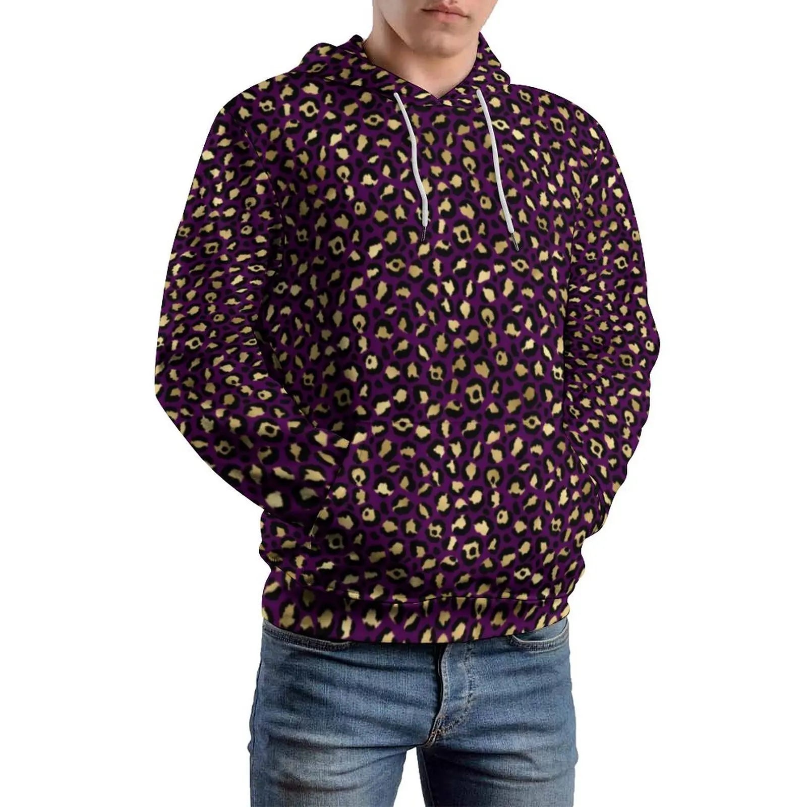 Purple And Gold Leopard Hoodies Animal Print Street Wear Oversize Hoodie