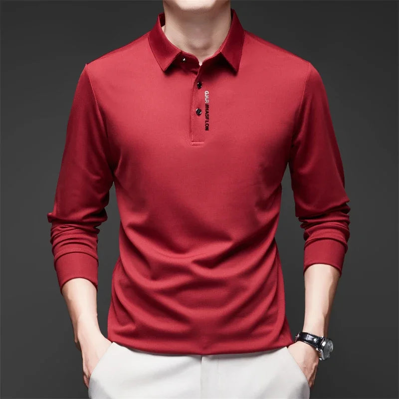 New Men's Business Casual Long Sleeved Shirt with Badge Solid Color Polo Shirt Fashionable Breathable Comfortable Versatile Top