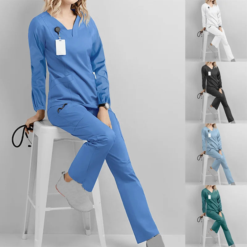 Scrubs Medical Uniforms Women 2023 Long Sleeve V-neck Pocket Care Workers T-shirt Tops