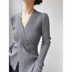 French Vintage Grey Crossbody V-Neck Knit Base Layer Top