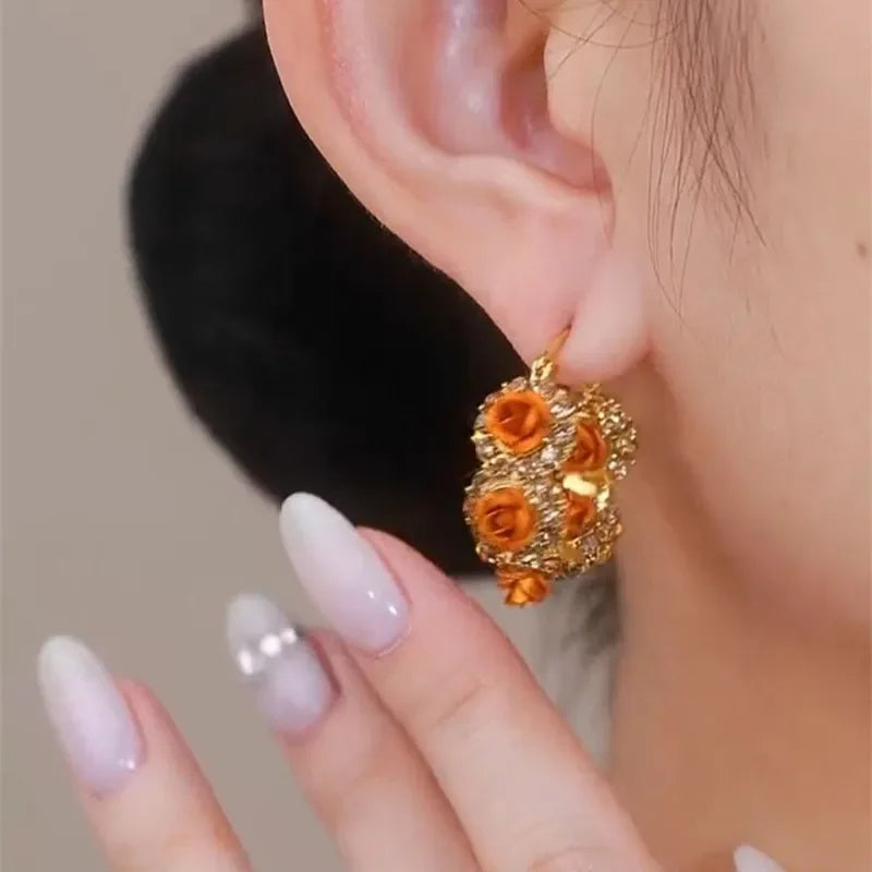 Exquisite Brown Flower Inlaid Zircon Earrings for Women Personalized Daily Accessories