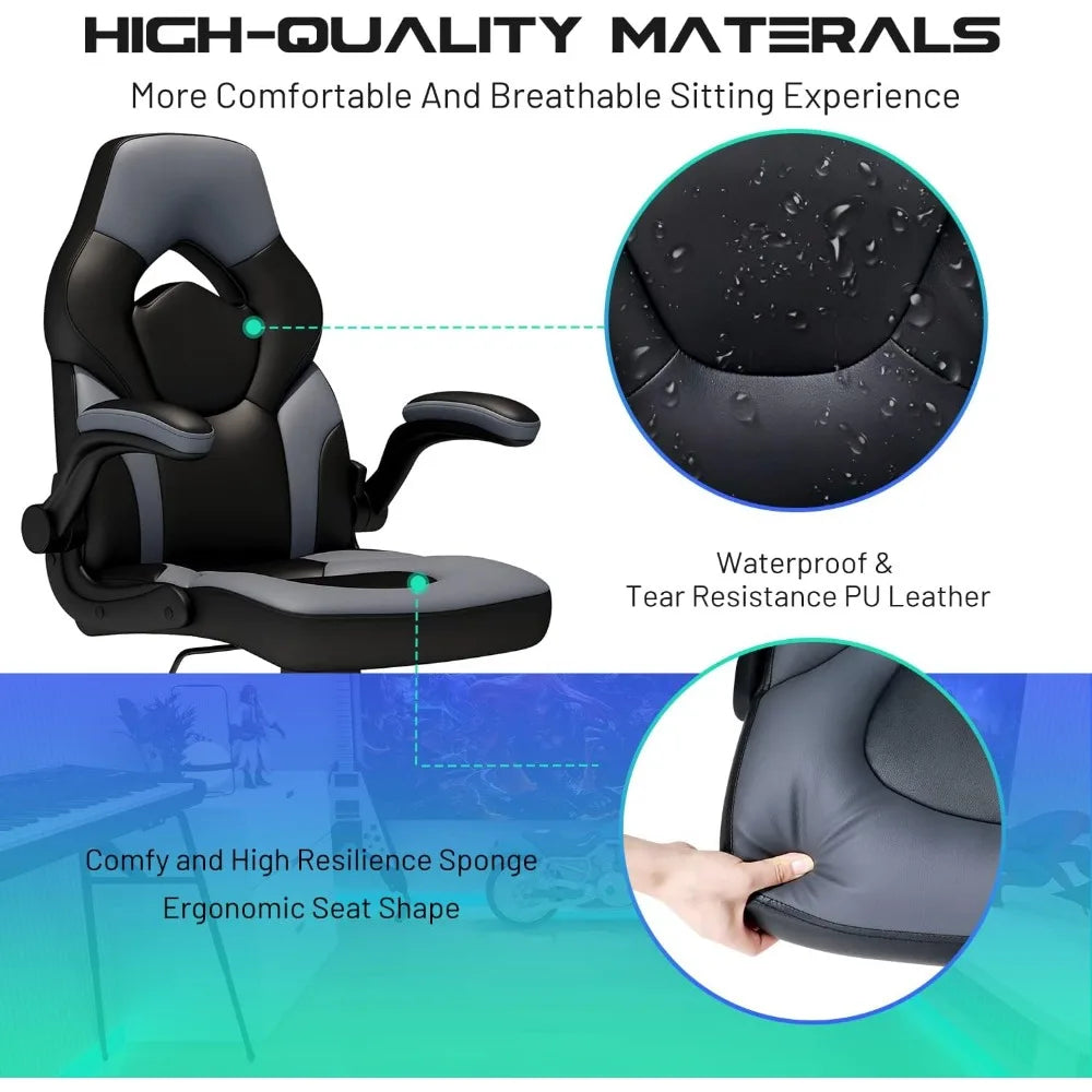 Office Gaming Chair with Flip Armrests, Ergonomic Computer Gaming Chair Bonded Leather Swivel Desk Chair