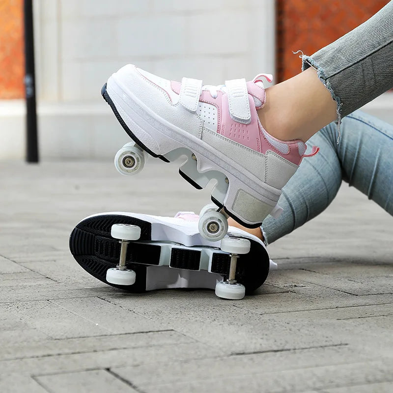 Four-Wheel Dual-Use Skating Shoes Double-Row Roller Student Men's Casual Sneakers Women's Men's Sport Walking Running Shoes