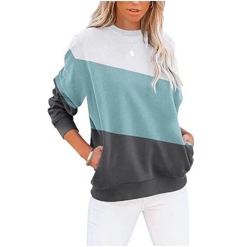 Women's color blocked casual long sleeved top with print round neck sweatshirt