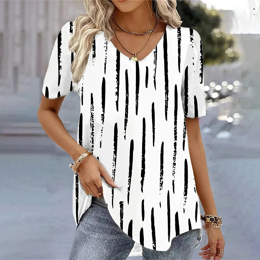 New Women's T-Shirt Summer V-Neck Tee Loose Casual Top Stripes Funny Printed Female Clothing Streetwear Women Pullover T Shirts