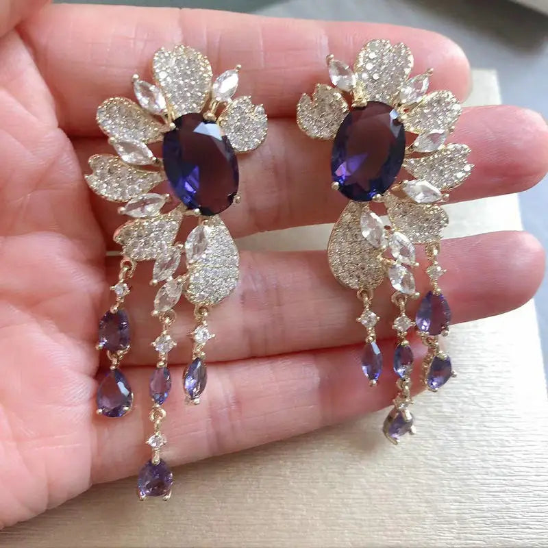 Bilincolor Fashion Cubic Zirconia Purple Flower Tassel Earring for Women