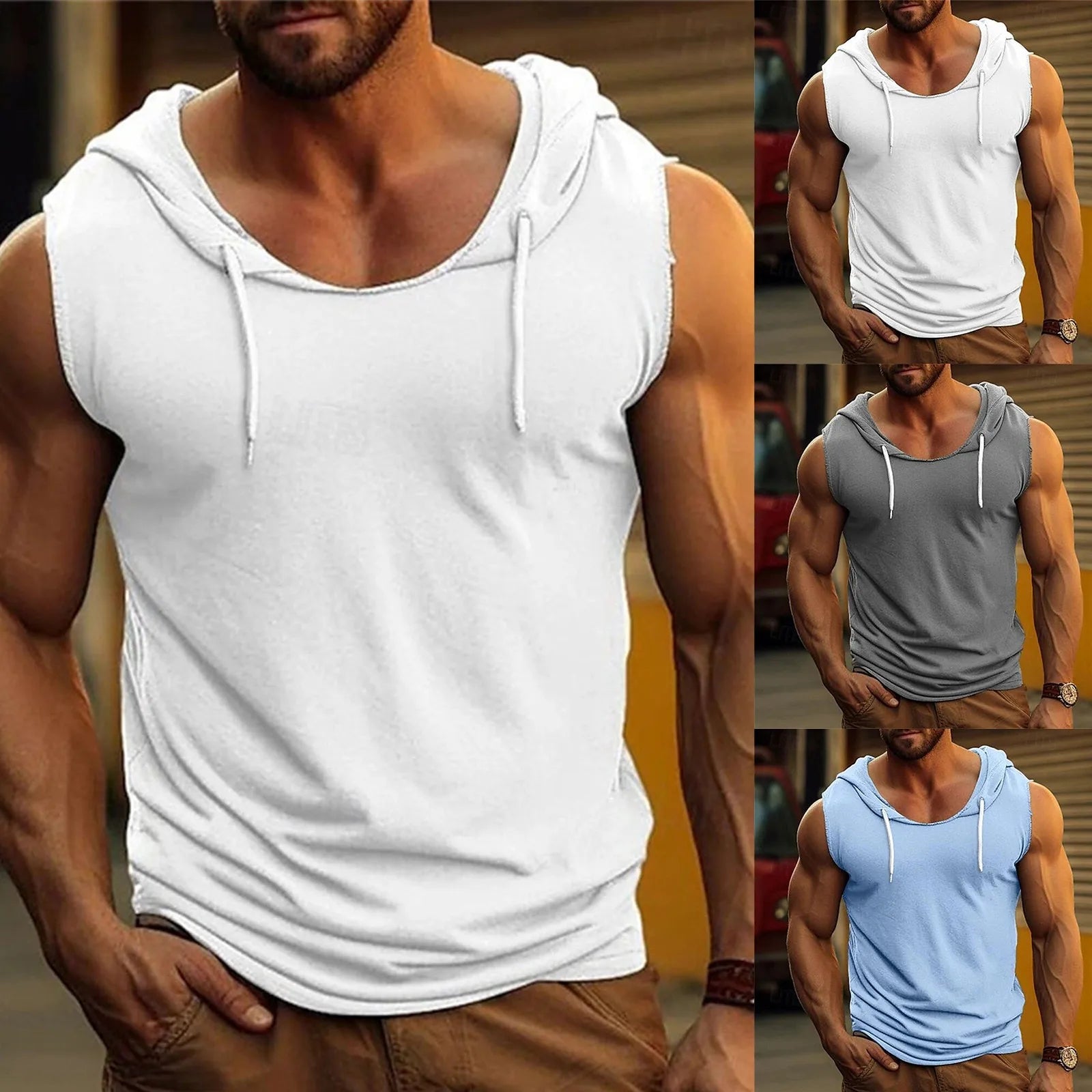 Male Solid Color Hooded Tank Top Casual Sleeveless Loose Fitness Sports Vest Top