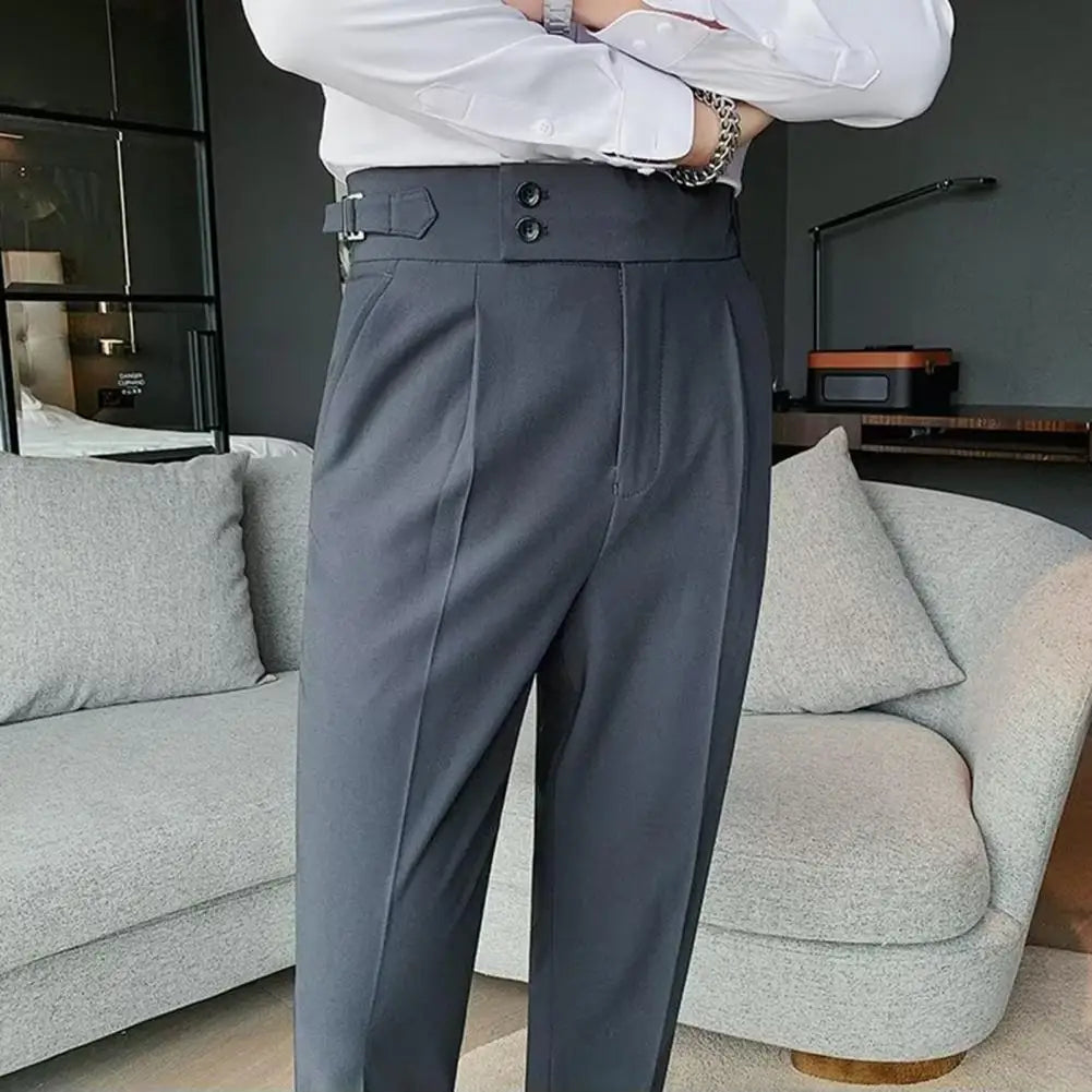 Men's Office Trousers Slim Fit High Waist Vintage Pockets for Formal Business Style Men Pants