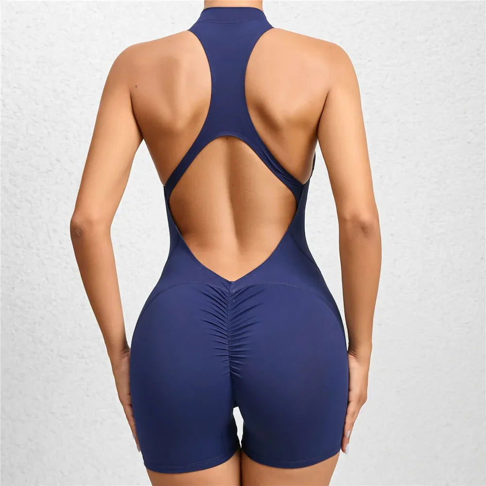 Zipper Women Pad Yoga Jumpsuits One Piece Romper Workout Legging Bodysuit