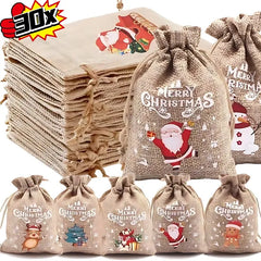 Burlap Christmas Bag Santa Claus Snowman Drawstring Candy Cookies Pouch Xmas