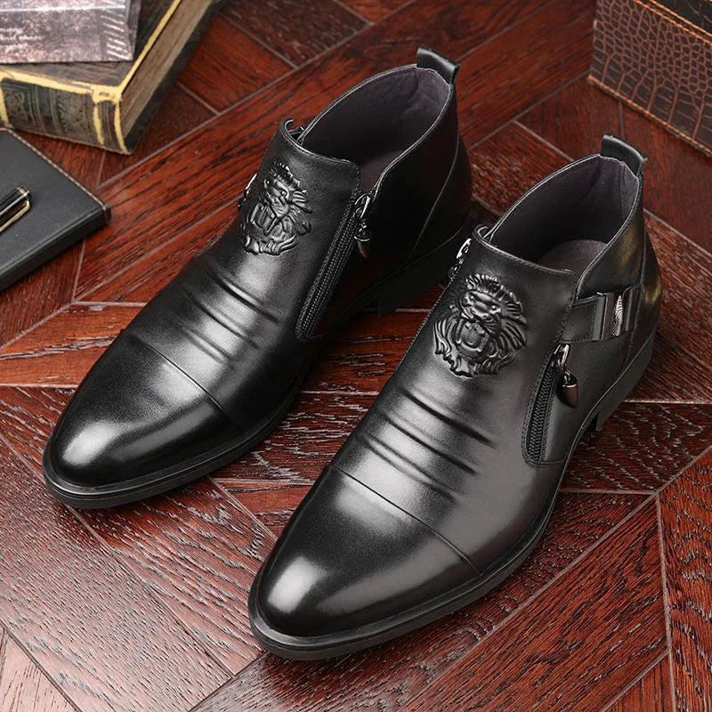 Men Ankle Boots Embossed Side Zipper Raised Horseshoe Heels Men Shoes