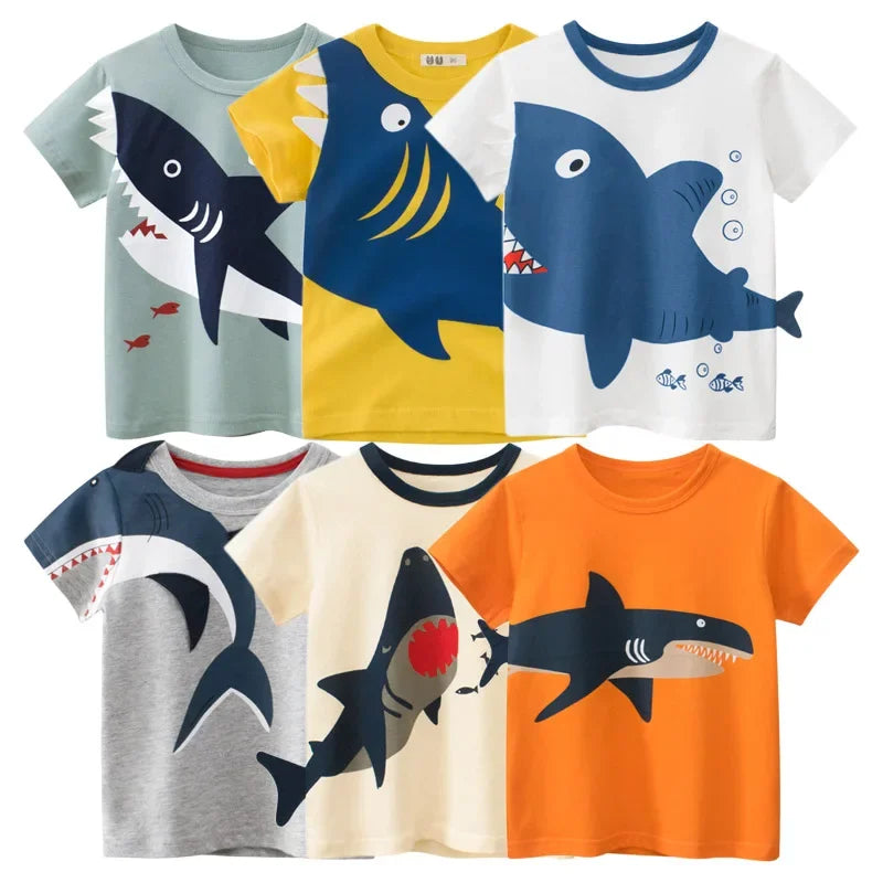 Summer Clothing Cartoon Shark Print T Shirt Boys & Girls T-Shirt Children Short Sleeve Cotton Tops Kids Clothes