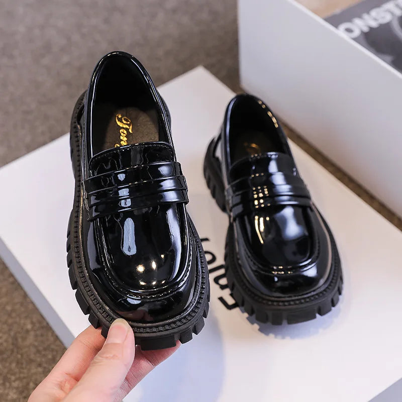 ULKNN Children's Black Leather Shoes