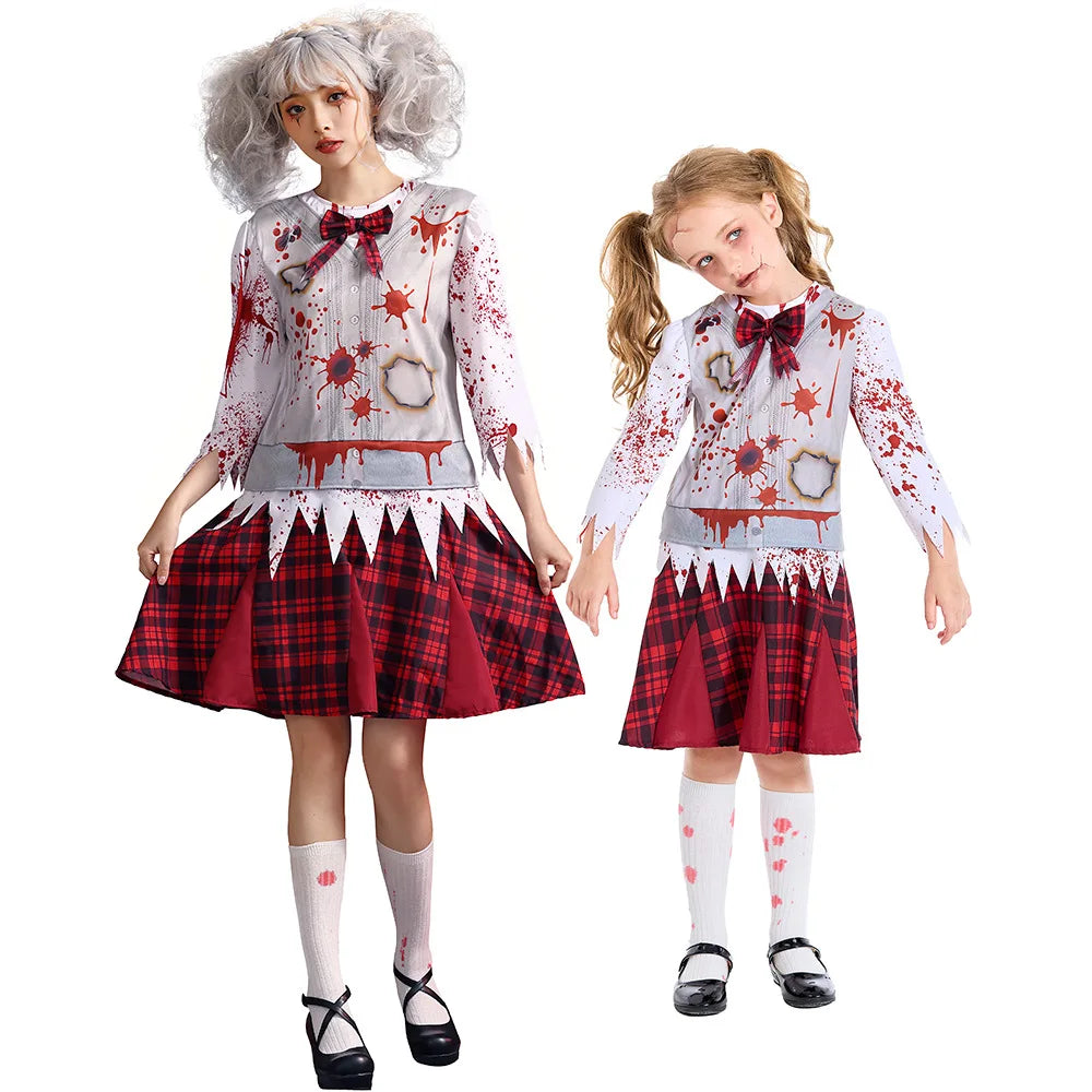 Girls Bloody Zombie Student Cosplay Kids Children Halloween Walking Dead Scary Costumes