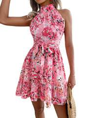 Spring Summer Floral Halter Neck Women Dress Sleeveless Lace Up Ruffled A Line Short Dress