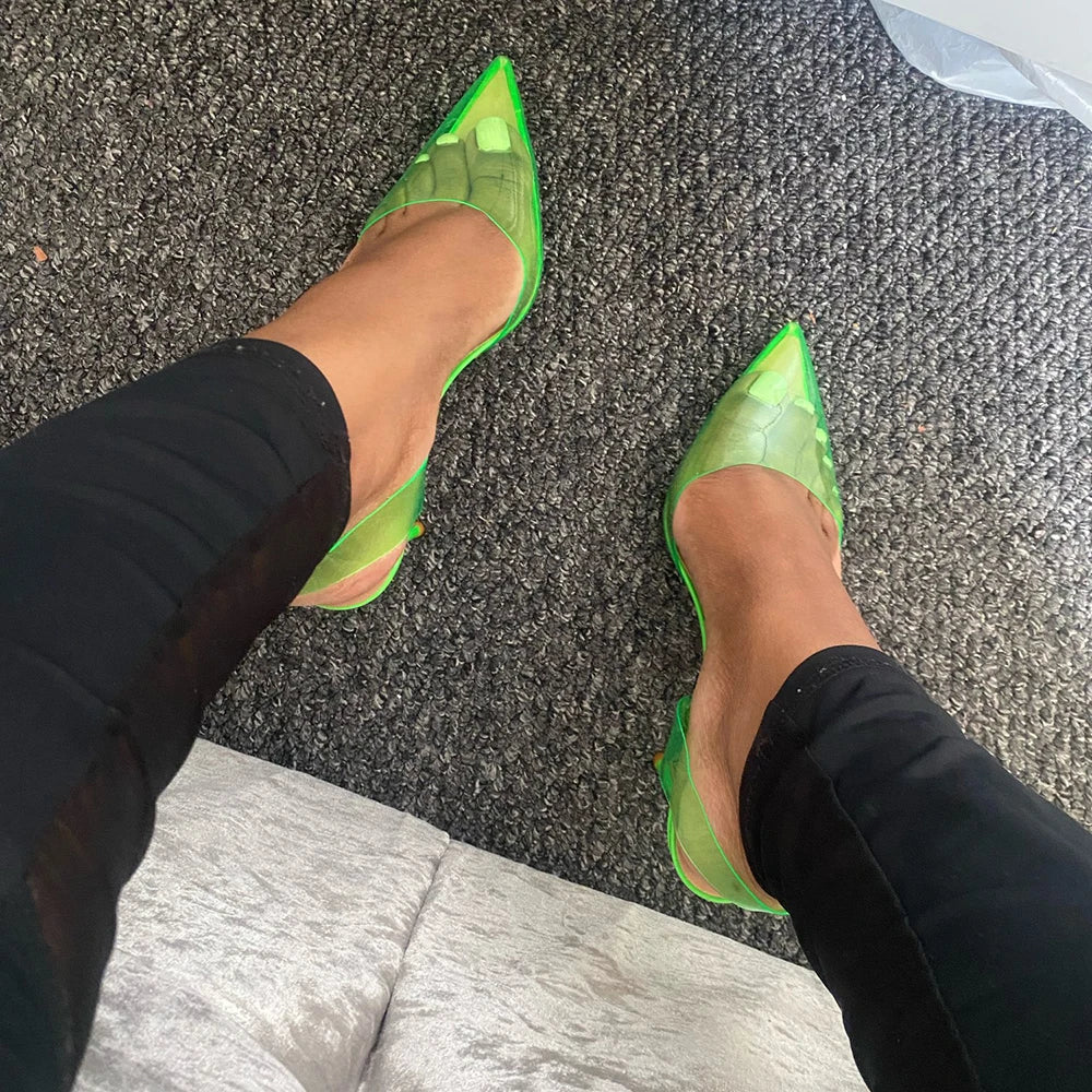 Veowalk Summer Women Green Soft PVC Transparent Pointy Toe Slingback Stiletto Pumps Ladies High Heel Sandals Shoes