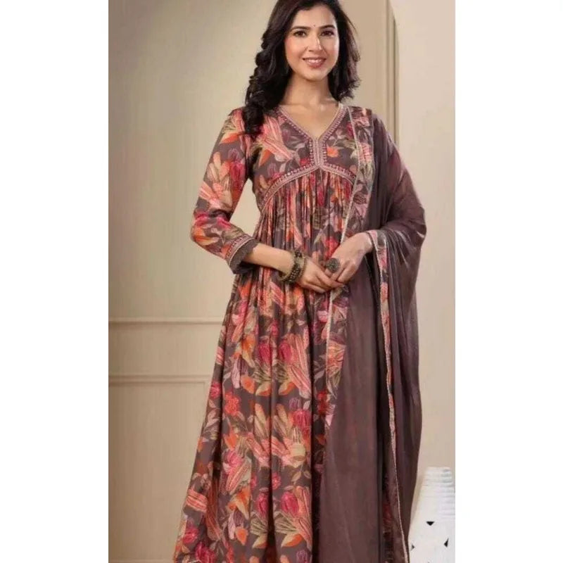 New Trending Festival Special Anarkali Printed Long Dress Kurti Pants Dupatta Set