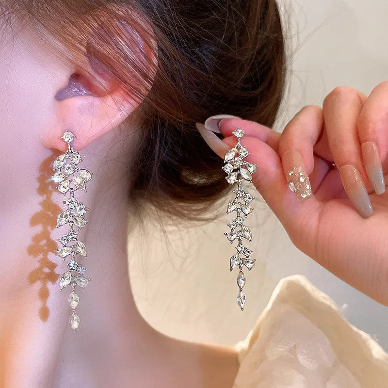 Sliver Maple Leaf Zircon Tassel Long Earrings For Women