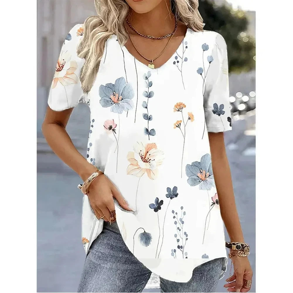 New Women's T-Shirt Summer V-Neck Tee Loose Casual Top Stripes Funny Printed Female Clothing Streetwear Women Pullover T Shirts