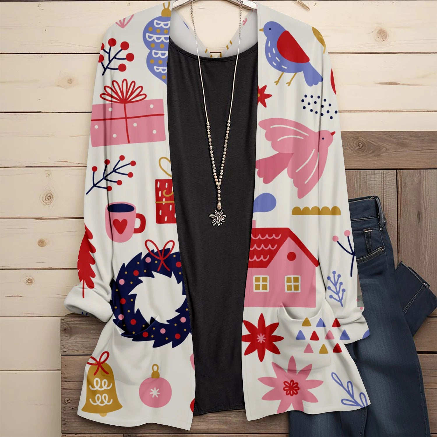 Cute Cartoon Santa Casual Print Cardigan for Women Spring Fashion Long Sleeve Christmas Loose Street Outwear Plus Size Jackets