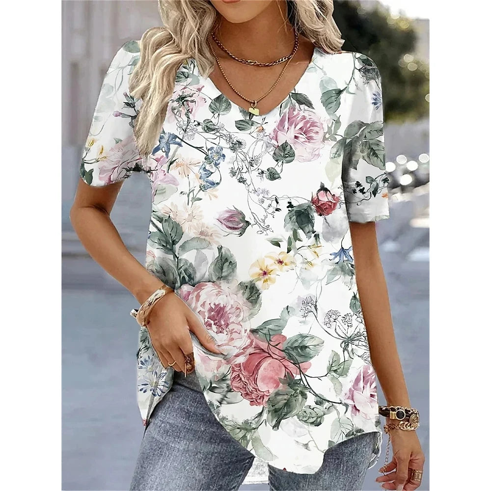 Women's T-Shirt Summer V-Neck Tee Loose Casual Top