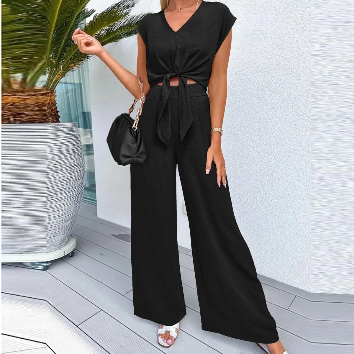 Women's Suits  Summer Casual Loose Lace Up Sexy Short Sleeve Tops High Waist Wide Leg Pants Two Piece Sets Women