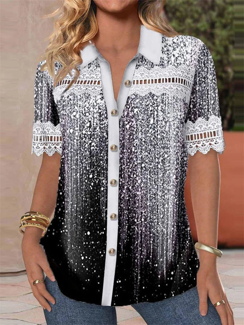 Women Vintage Ethnic Style Print Shirt Elegant Hollow Out Splicing Lace Short Sleeve Blouse