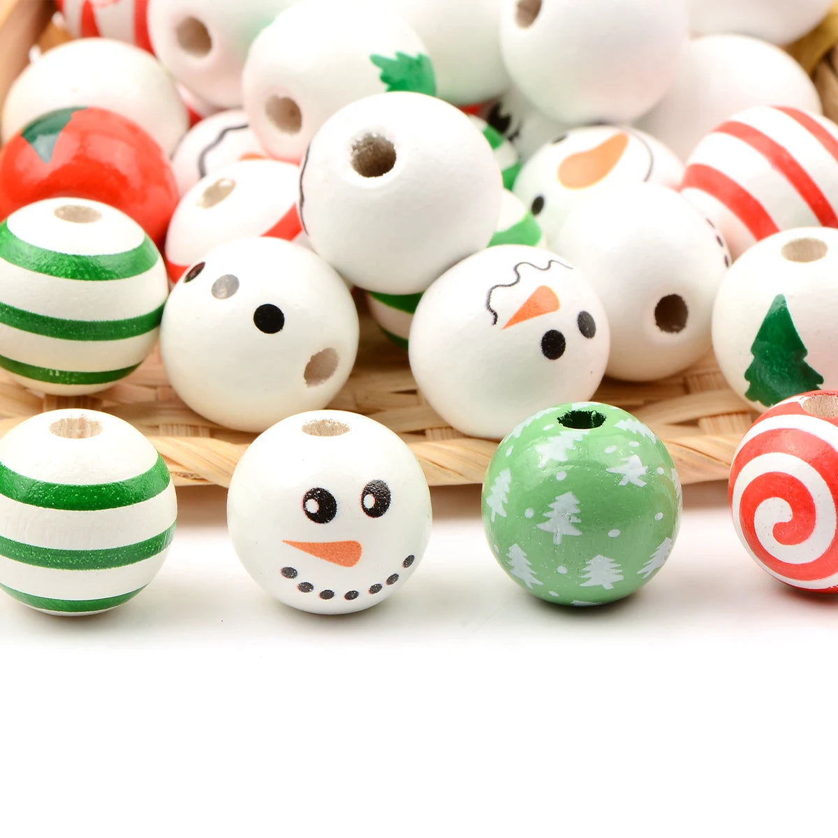 Christmas Snowman Series Round Wooden Beads Charms Beads DIY Decorations Crafts Kid's Jewelry Materials Baby Toys Accessories