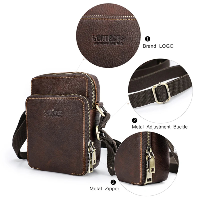 CONTACT'S Genuine Leather Men Mini Crossbody Messenger Bags Phone Pouch Traveling Casual Small Shoulder Bag  Male Handbag