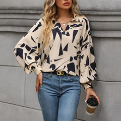 Women Ladies Floral Print Lapel V Neck Shirt Tops Casual Lantern Long Sleeve Loose Lightweight Tee Blouse