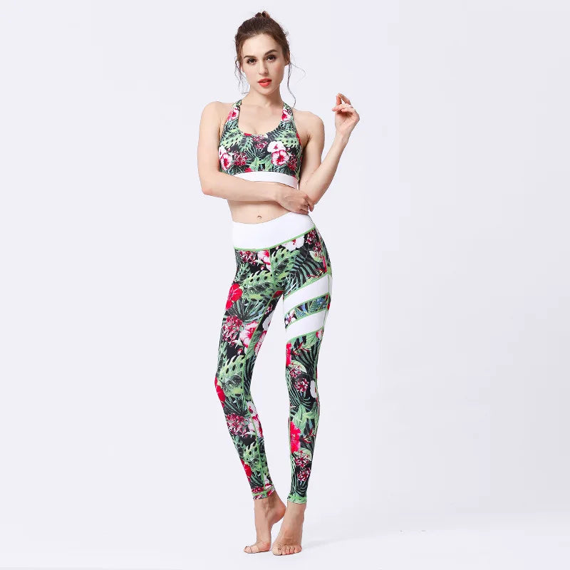 Cloud Hide Flower Printing Yoga Set Gym Outfits Sportswear Women Fitness Tracksuit Bra Top High Waist Leggings Pants Sports Suit