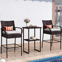 Bar Stools Set of 2, 2 Piece Rattan Bar Stool Wicker Chairs, Patio Bar Height Chair with Arms, Cushion Beige