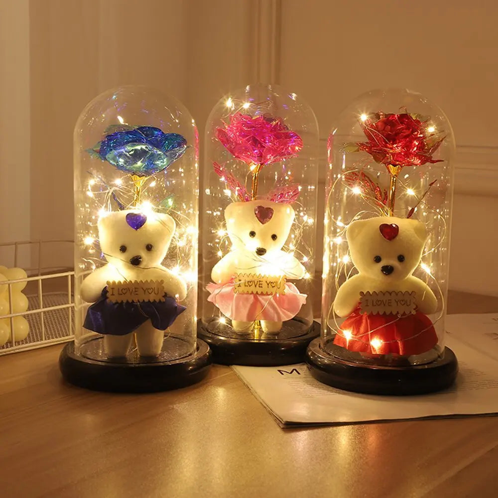 Beauty and Beast Rose Flower with Teddy Rose Bear In Glass Dome Home Wedding Decoration Christmas gift