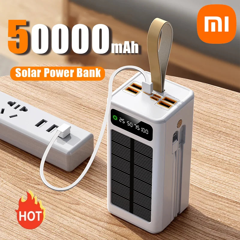 Xiaomi 50000mAh Thicken Solar Power Bank Big capacity Built-in Cables External Battery LED Light Power Bank for  iPhone Lenovo