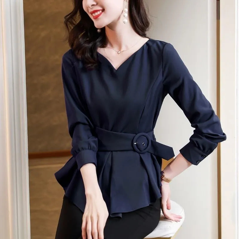 Women's Irregular Hem Elegant V-Neck Solid Color Shirt