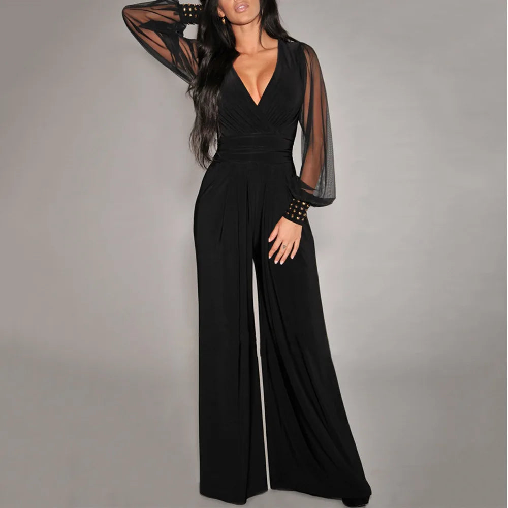 Temperament Elegant Color Block Jumpsuits Women Deep V-neck Half Sleeves High Waist Wide Legs Jumpsuit Female Commuting Clothing