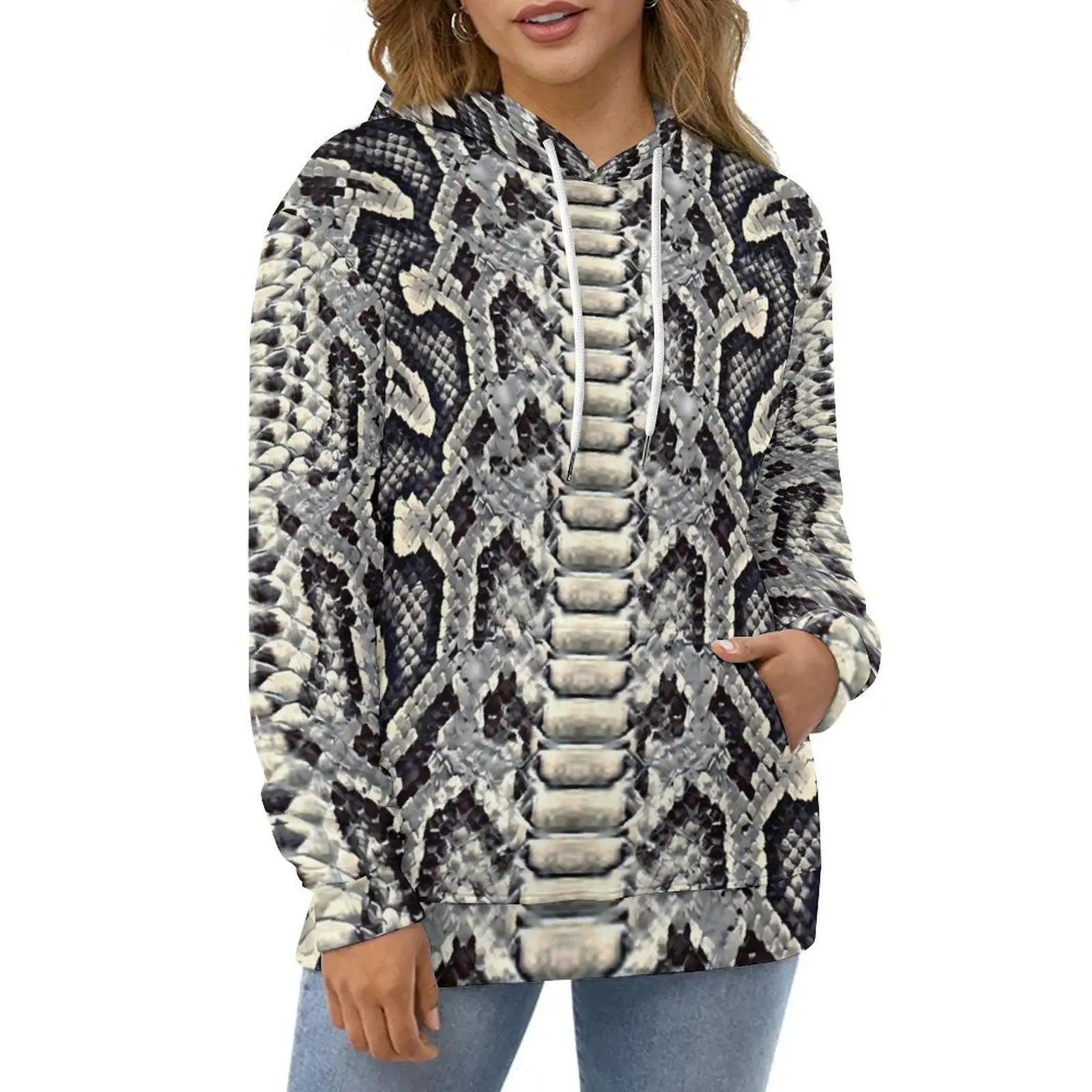 Snakeskin Casual Hoodies Black and White Animal Aesthetic Graphic Loose Hoodie