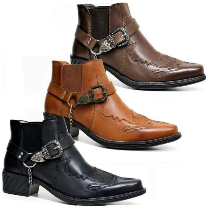 Men's Vintage Cowboy Boots Leather High Top Chain Buckle Strap Punk Shoes