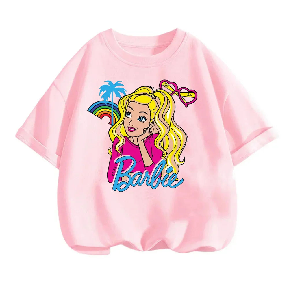 New Kawaii Barbie T-shirt Kids Clothes Girls Fashion Baby Printed Short-sleeved Boys Anime Cartoon Sonic Stitch Stich T-shirts