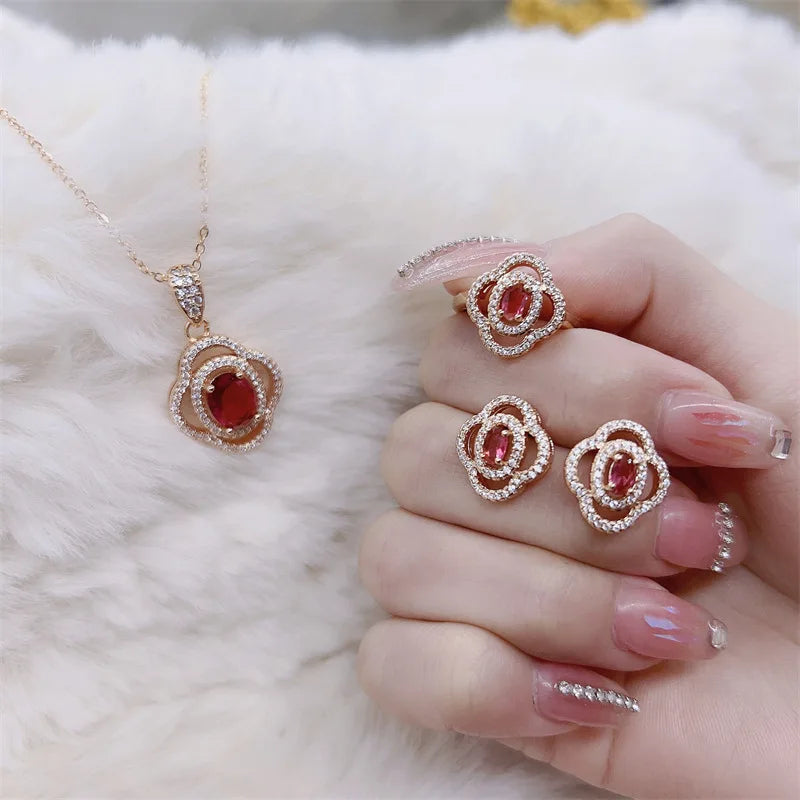 Rose Gold 3ct Red Ruby Oval Gemstone Rings Earrings Necklace Jewelry Sets for Women Wedding Bridal