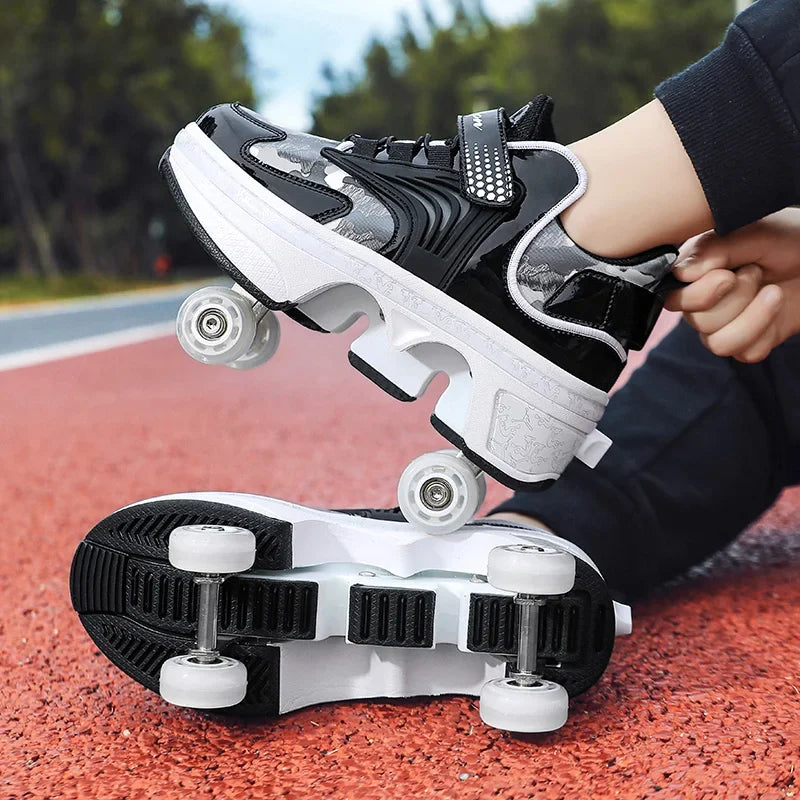 Child's 4-wheel Dual-purpose Roller Shoes Outdoor Kids Deformed Shoes With Wheels Fashion Parkour Sneakers For Girls From Gift