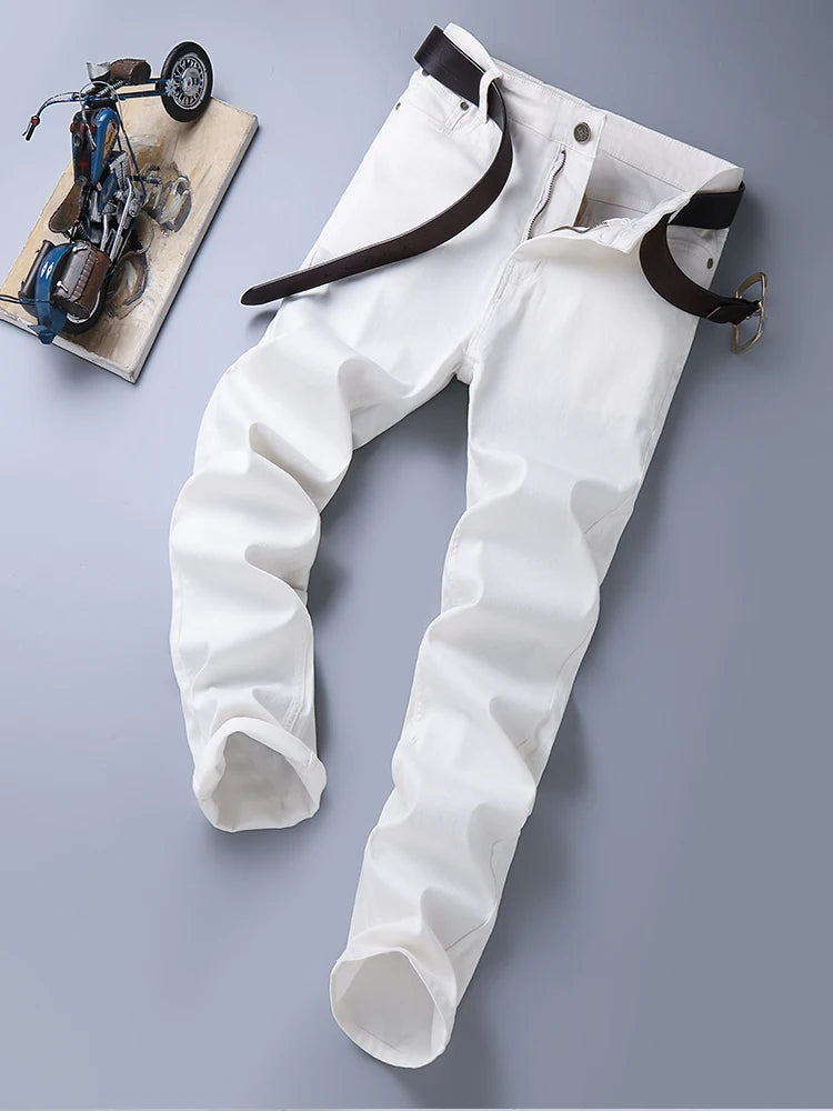 Autumn Classic Style Men's Slim White Jeans Business Casual Cotton Stretch Khaki Denim Pants