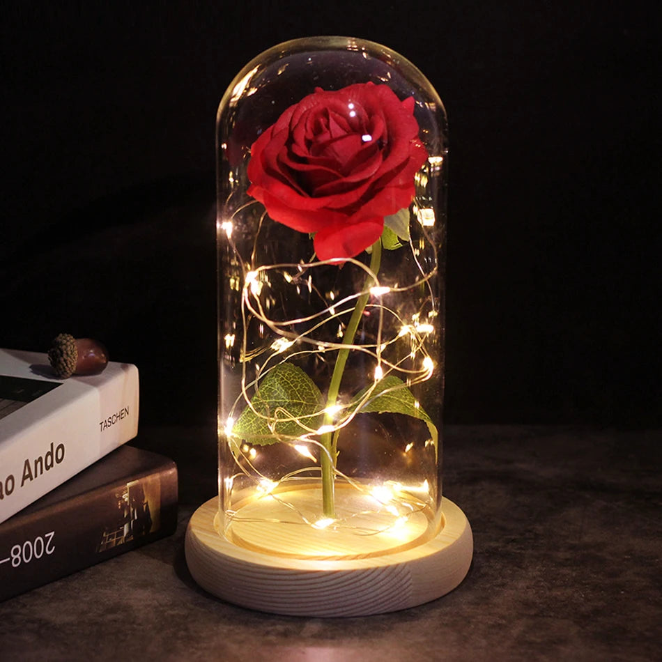 Beauty and Beast Rose Flower with Teddy Rose Bear In Glass Dome Home Wedding Decoration Christmas gift