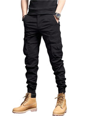 Casual Side Flap Pockets Workwear Tapered Pants, Men's Cargo Pants For Spring Fall Outdoor