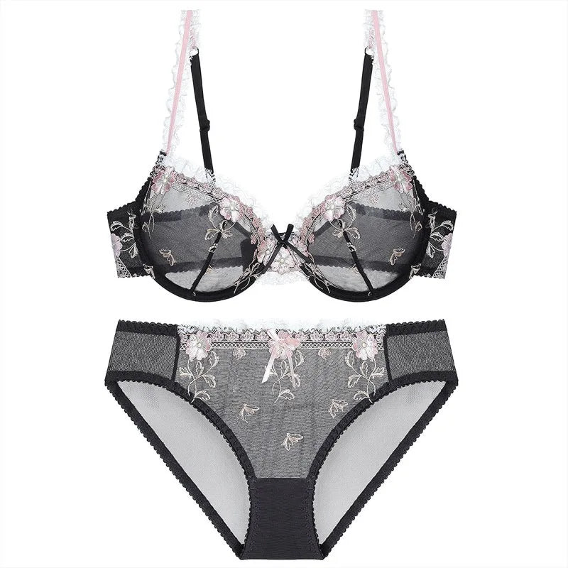 Exquisite embroidery lotus pink ultra-thin women's transparent lace underwear bra set