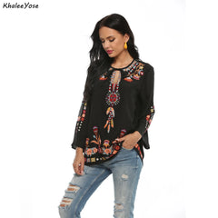 YOSE Black Boho Embroidery Blouses Shirt Women Autumn Spring Mexican Shir